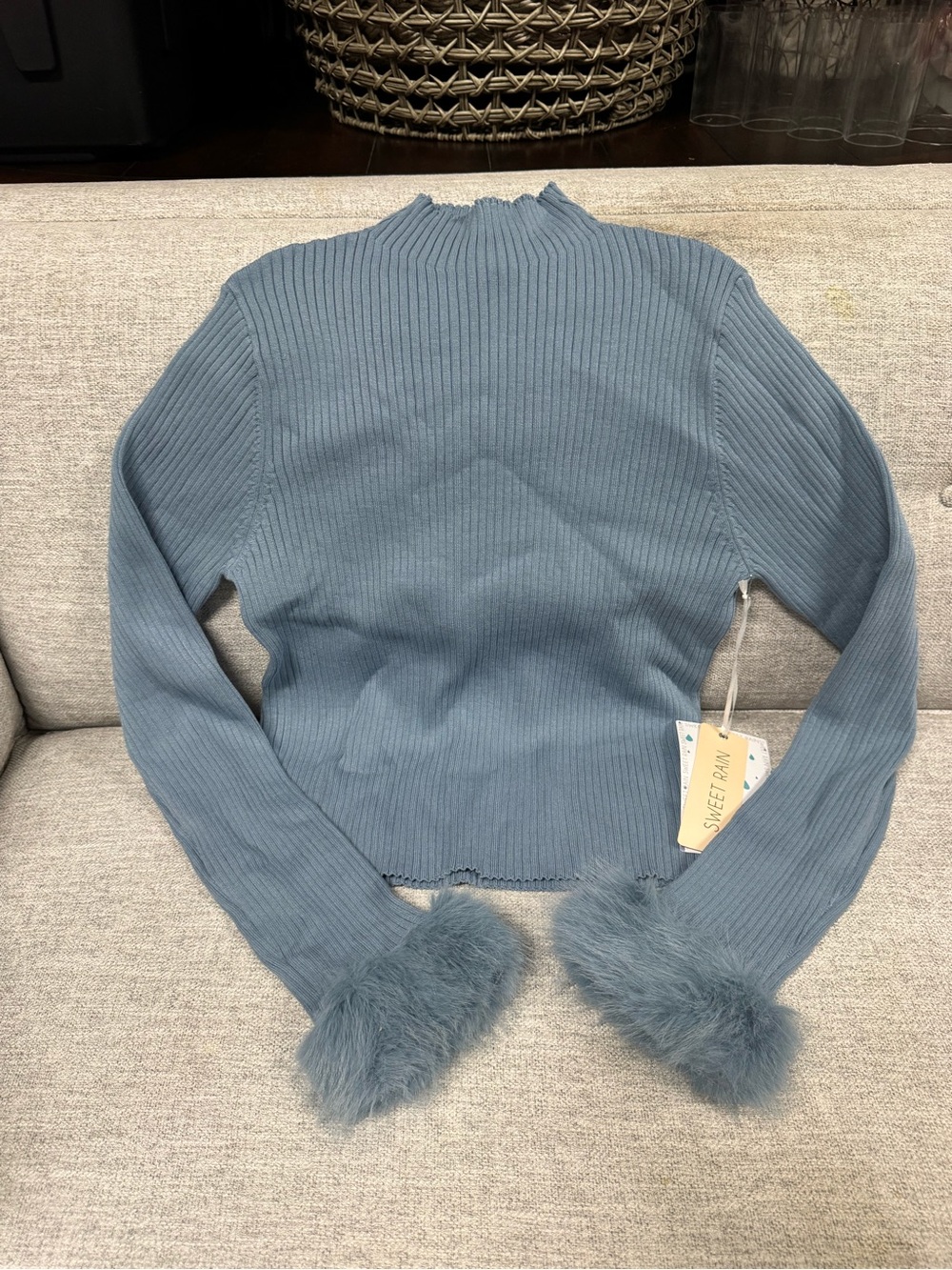 Sweet Rain Dusty Blue Ribbed Crewneck Sweater with Faux Fur Cuffs